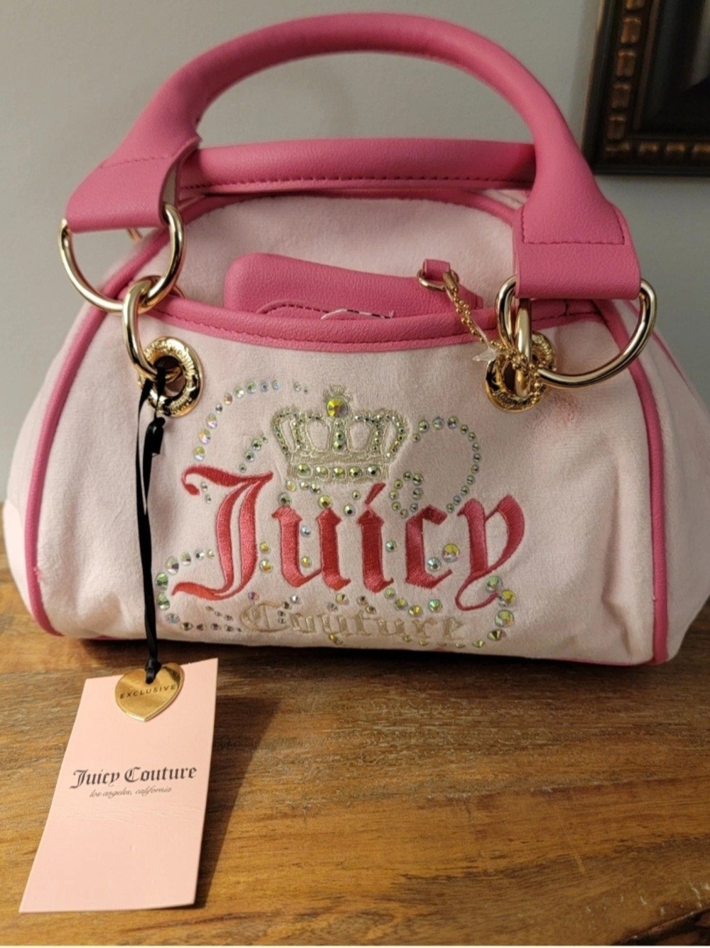 Juicy Couture Pink White Velour Satchel Zip Top Rhinestone Crown Logo Strap